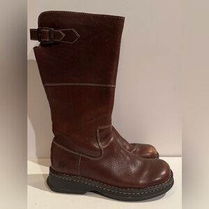 Born BOC Boots Womens Size 8 Tall Riding Knee High Brown Leather Zip Buckle RARE